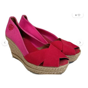 Tory Burch Womens Filipa Espadrille Wedge Sandals Red Pink Peep Toe - Size 7